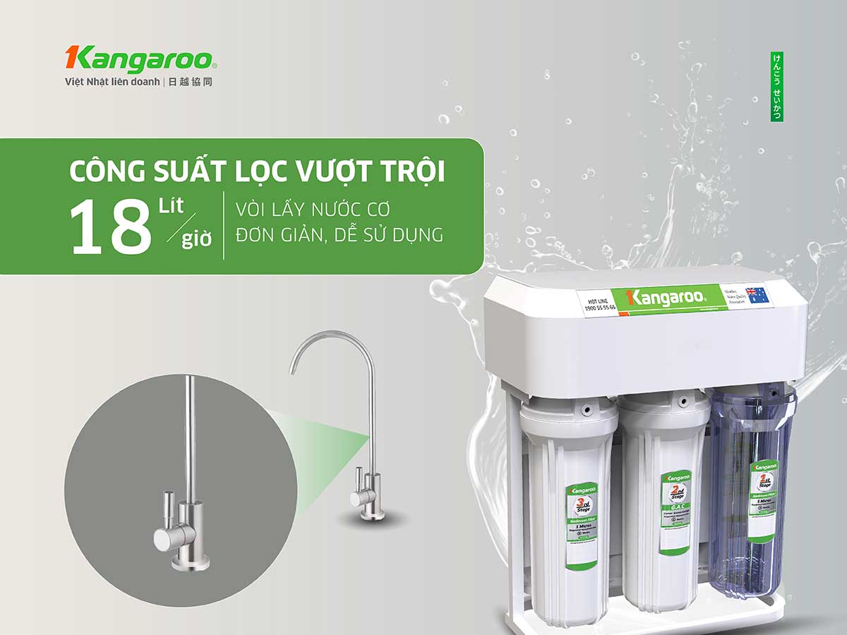 Máy lọc nước Kangaroo hydrpgen KGHP10K2 ông suất lọc vượt trội 18l/h